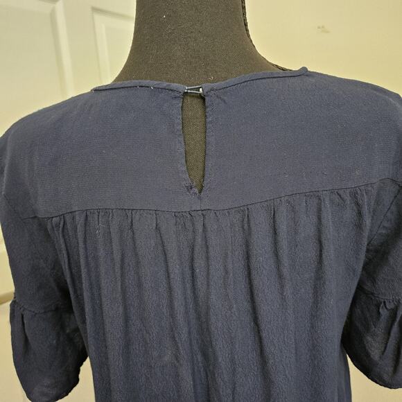 Ann Taylor LOFT Navy Dress Aqua/Turquoise Embroidered Flowers Ruffled Hem PM - Picture 6 of 10